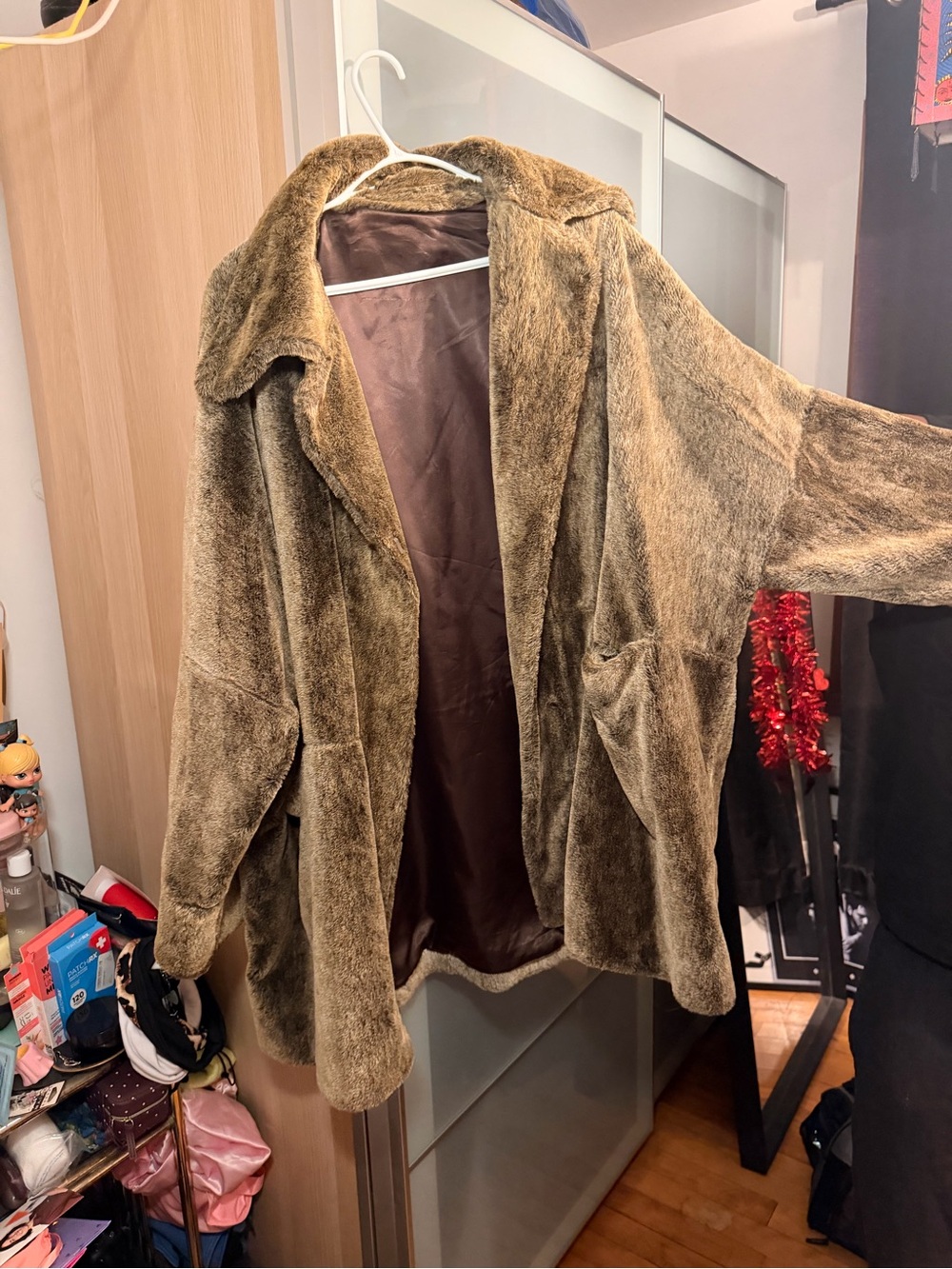 Faux Fur Olive Brown Open Front Coat